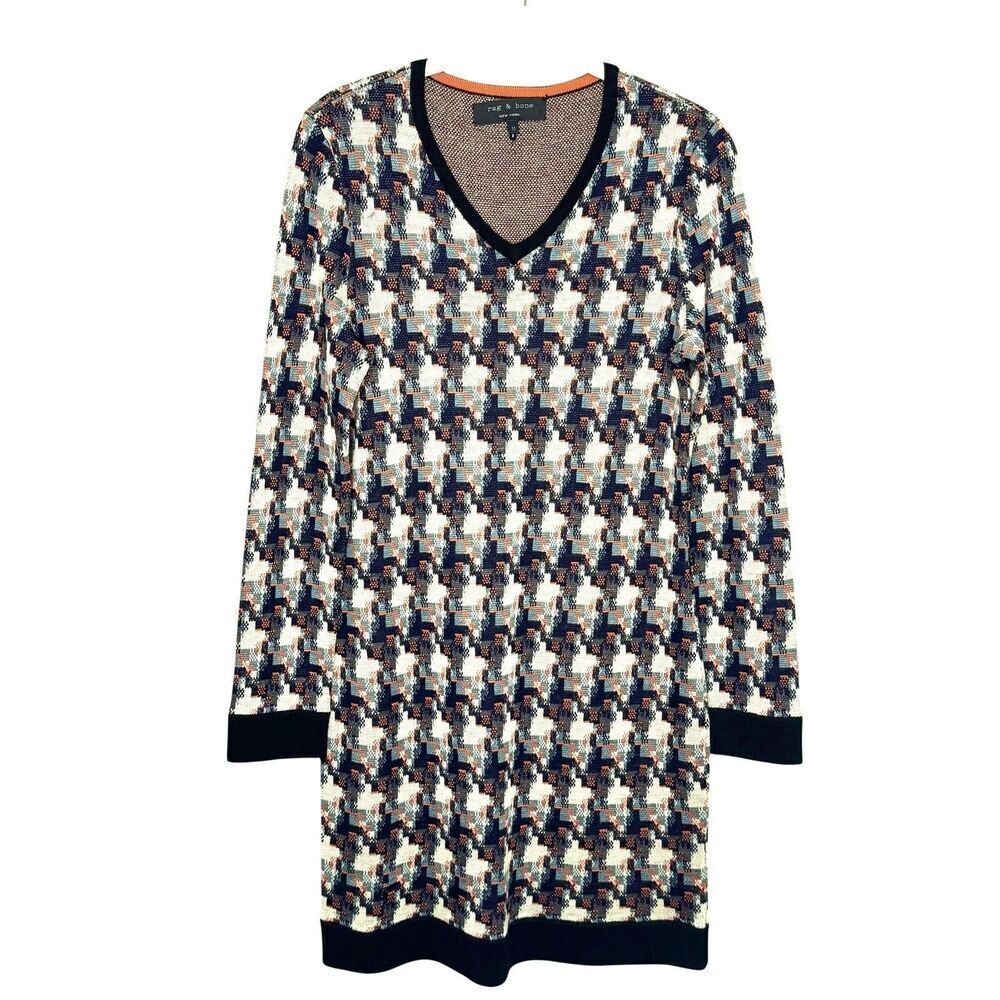 Rag & Bone Mariah Sweater Dress Medium Blue Houndstooth Wool V Neck Long Sleeve